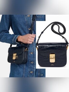 New! A.P.C. Paris Navy Croc-Embossed Leather Grace bag